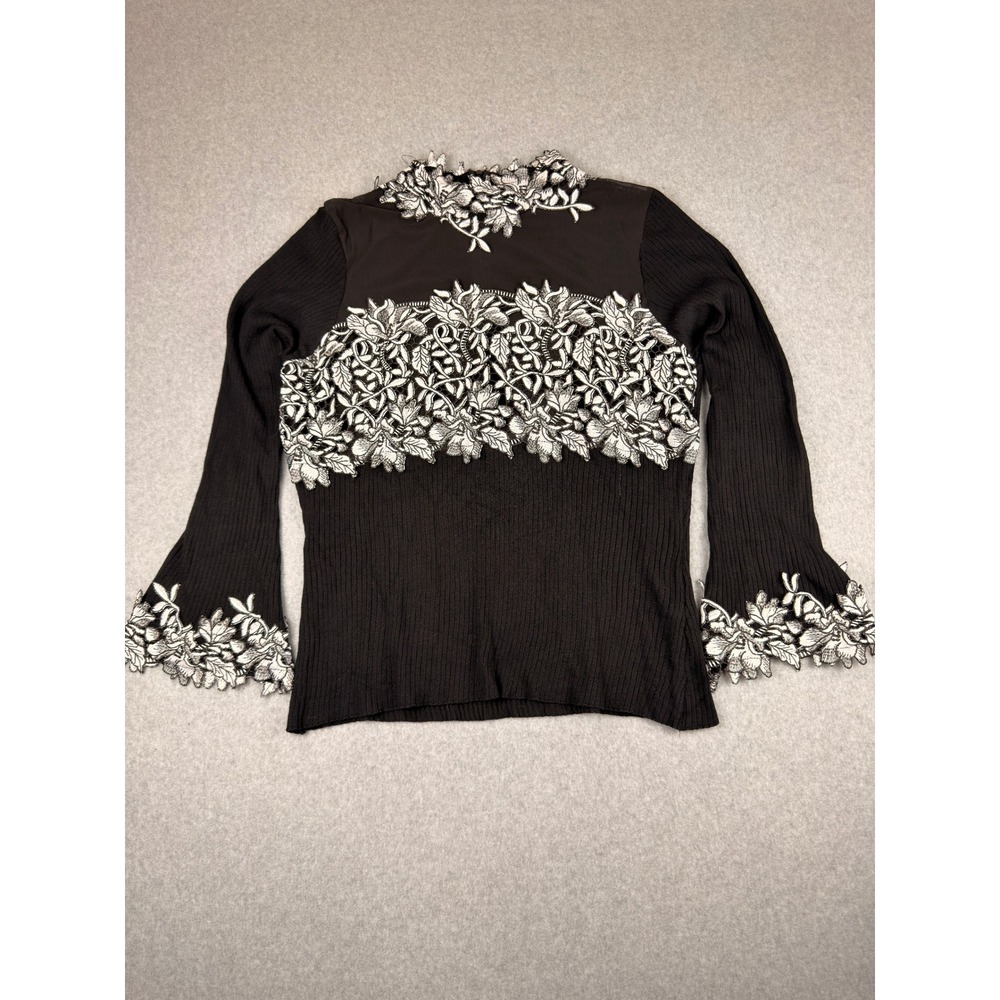 Venus Womens 2X Black Ribbed Knit Lace Floral Embroidery Bell Sleeve MockNeck